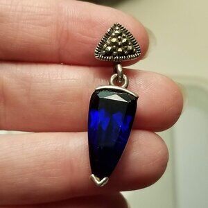 925 Silver Marcasite Triangle Ultramarine Blue Dagger Pendant, Witchy, Goth